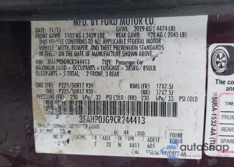 2012 Ford Fusion Sel from USA, damaged, VIN 3FAHP0JG9CR244413